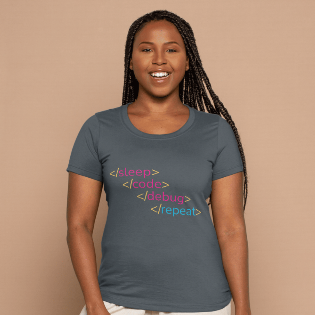Woman wearing a dark gray t-shirt with colorful code design on a beige background