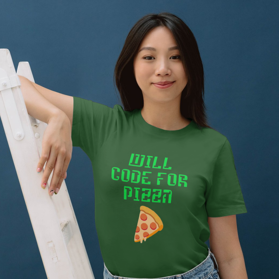 Person wearing a green t-shirt with 'WILL CODE FOR PIZZA' text and a pizza slice graphic against a blue background.