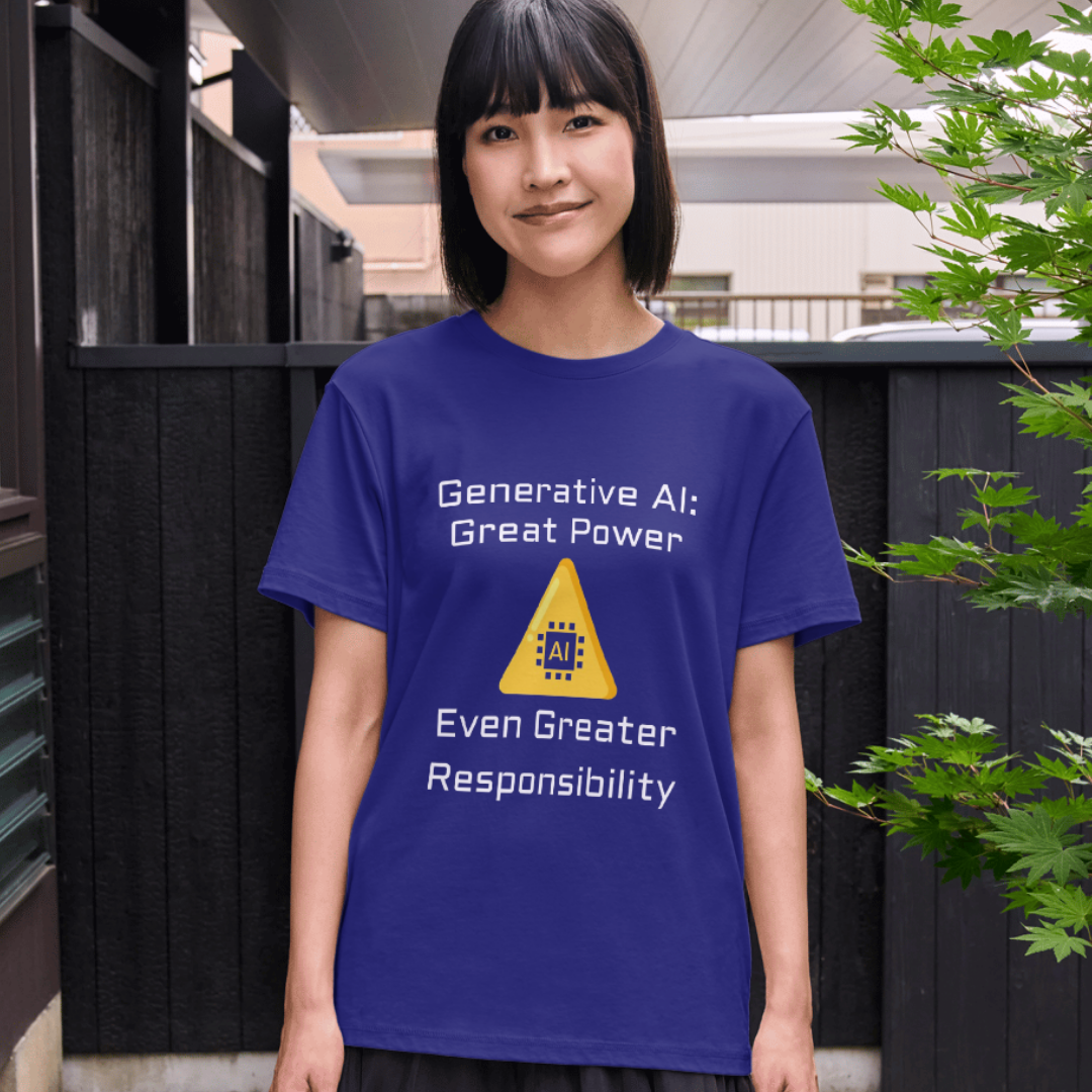 Person wearing a blue t-shirt with AI-related text and logo outdoors.