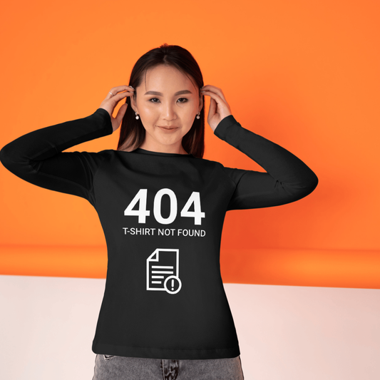 Person wearing a black shirt with '404 T-Shirt Not Found' text and icon on an orange background