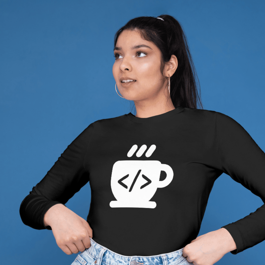 Person wearing a black  shirt with a white graphic design on a blue background