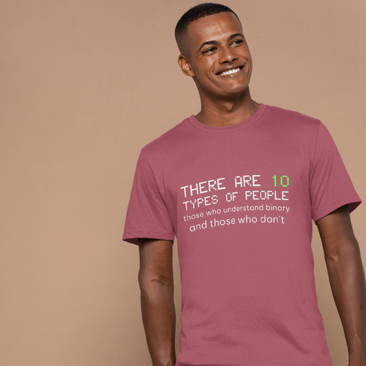 person wearing shirt that says "there are 10 types of people who understand binary". 