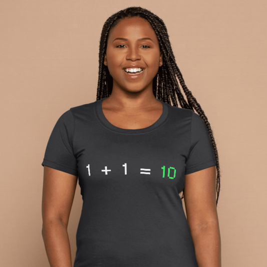 Person wearing a black t-shirt with a humorous math equation design on a beige background