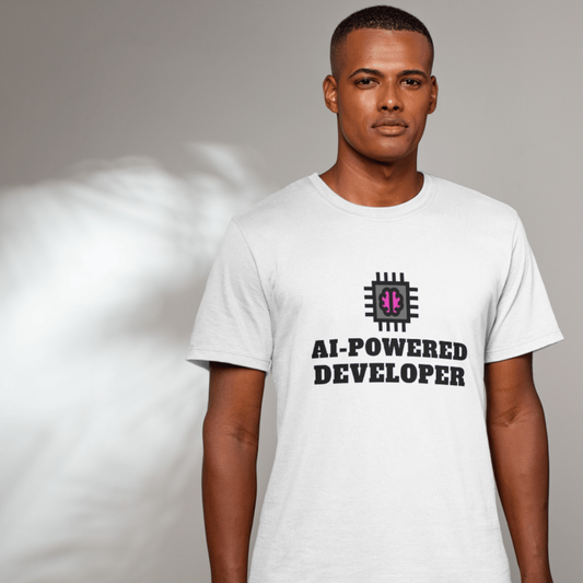 Man wearing a white t-shirt with 'AI-POWERED DEVELOPER' text and logo on a gray background