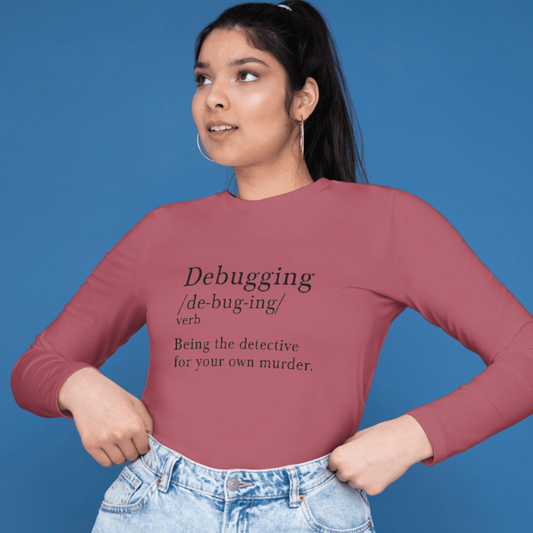 Person wearing a maroon sleeve shirt with text on a blue background