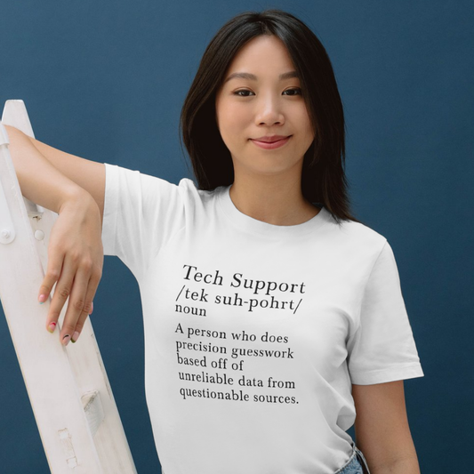 Person wearing a white t-shirt with a definition of 'Tech Support' printed on it against a blue background