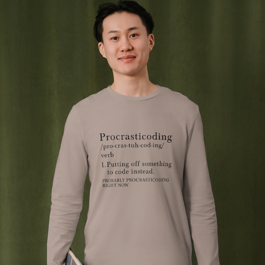 Person wearing a shirt with 'Procastiong' definition text against a green background