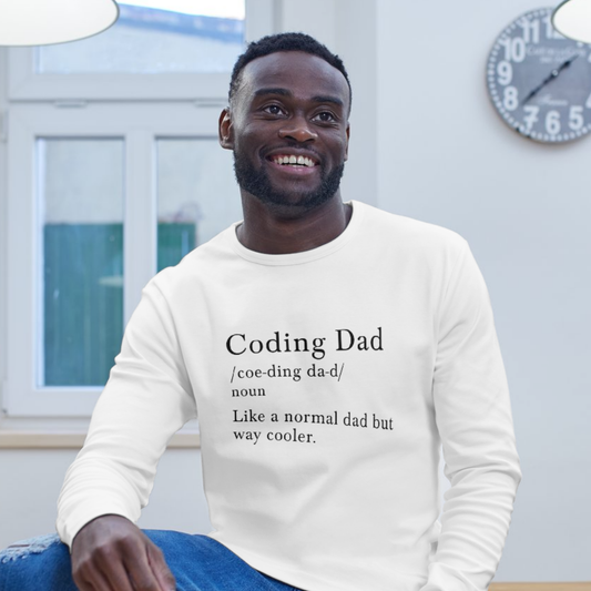Man wearing a white shirt with 'Coding Dad' text in a home setting