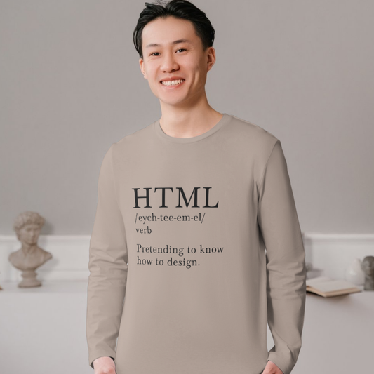 Person wearing a shirt with HTML definition text in a room.