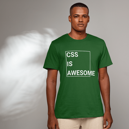 Man wearing a green t-shirt with 'CSS IS AWESOME' text on a gray background
