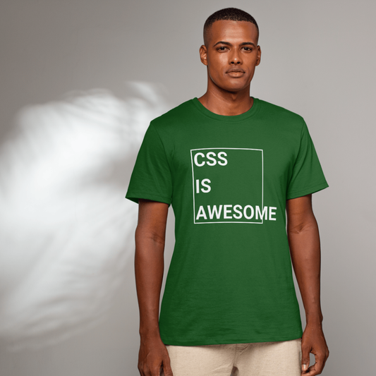 Man wearing a green t-shirt with 'CSS IS AWESOME' text on a gray background