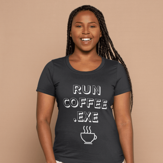 Person wearing a black t-shirt with 'RUN COFFEE .EXE' text and coffee cup icon on a beige background