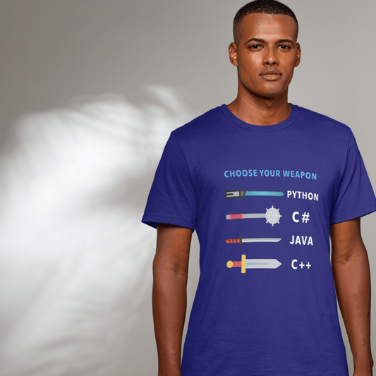 Man wearing a blue t-shirt with programming language choices on a plain background