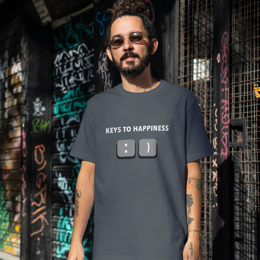 Man wearing a t-shirt with 'Keys to Happiness' text in an urban setting