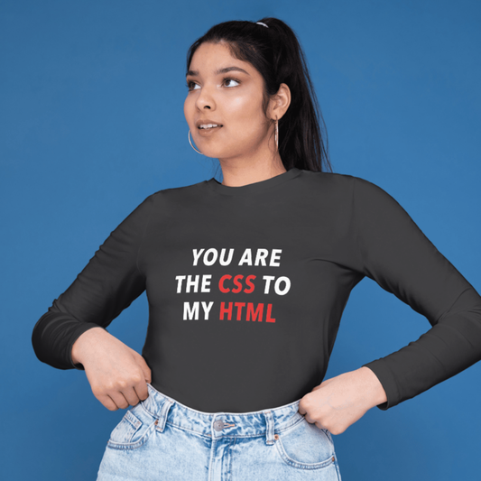 Person wearing a black shirt with text on a blue background