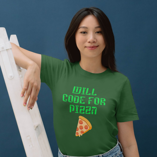 Person wearing a green t-shirt with 'WILL CODE FOR PIZZA' text and a pizza slice graphic against a blue background.