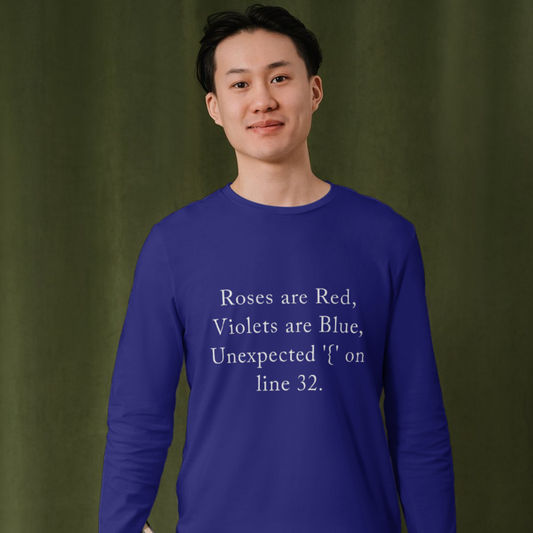 Person wearing a blue shirt with humorous text against a green background