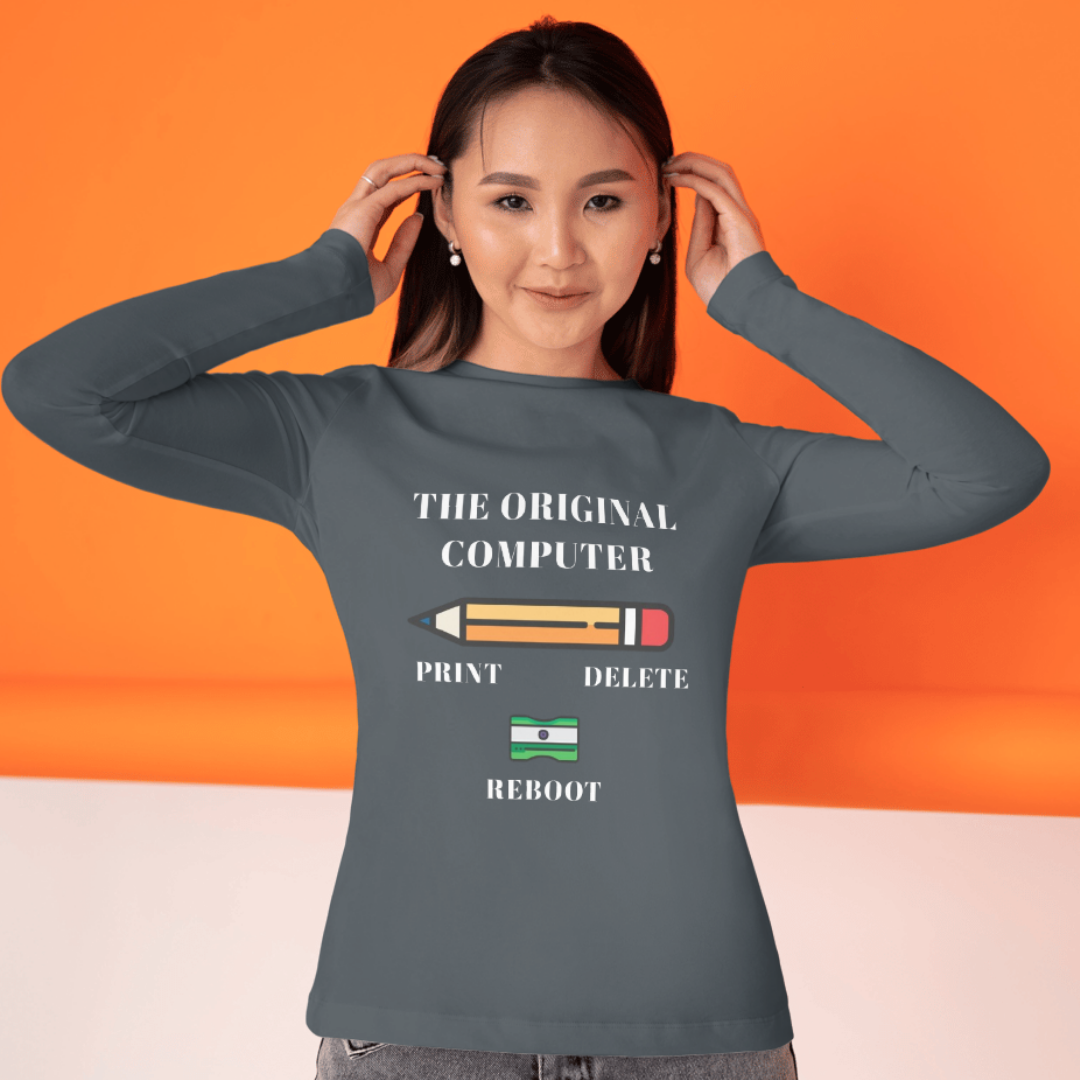 Person wearing a gray shirt with a humorous computer graphic and text on an orange background