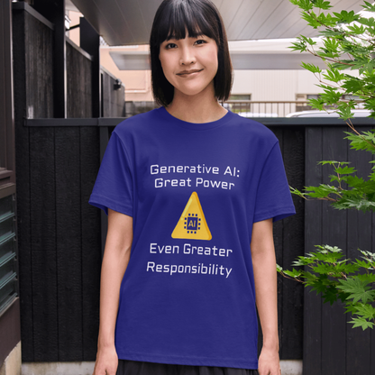 Person wearing a blue t-shirt with AI-related text and logo outdoors.