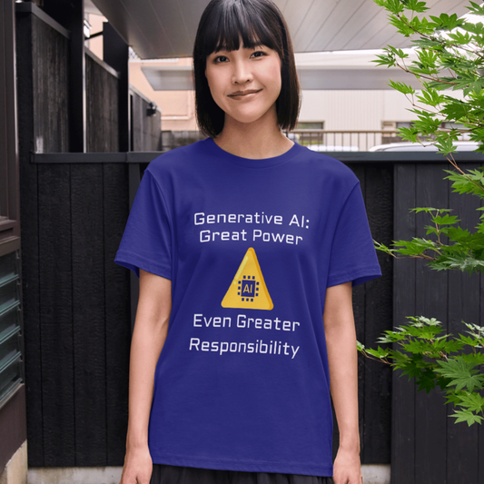 Person wearing a blue t-shirt with AI-related text and logo outdoors.