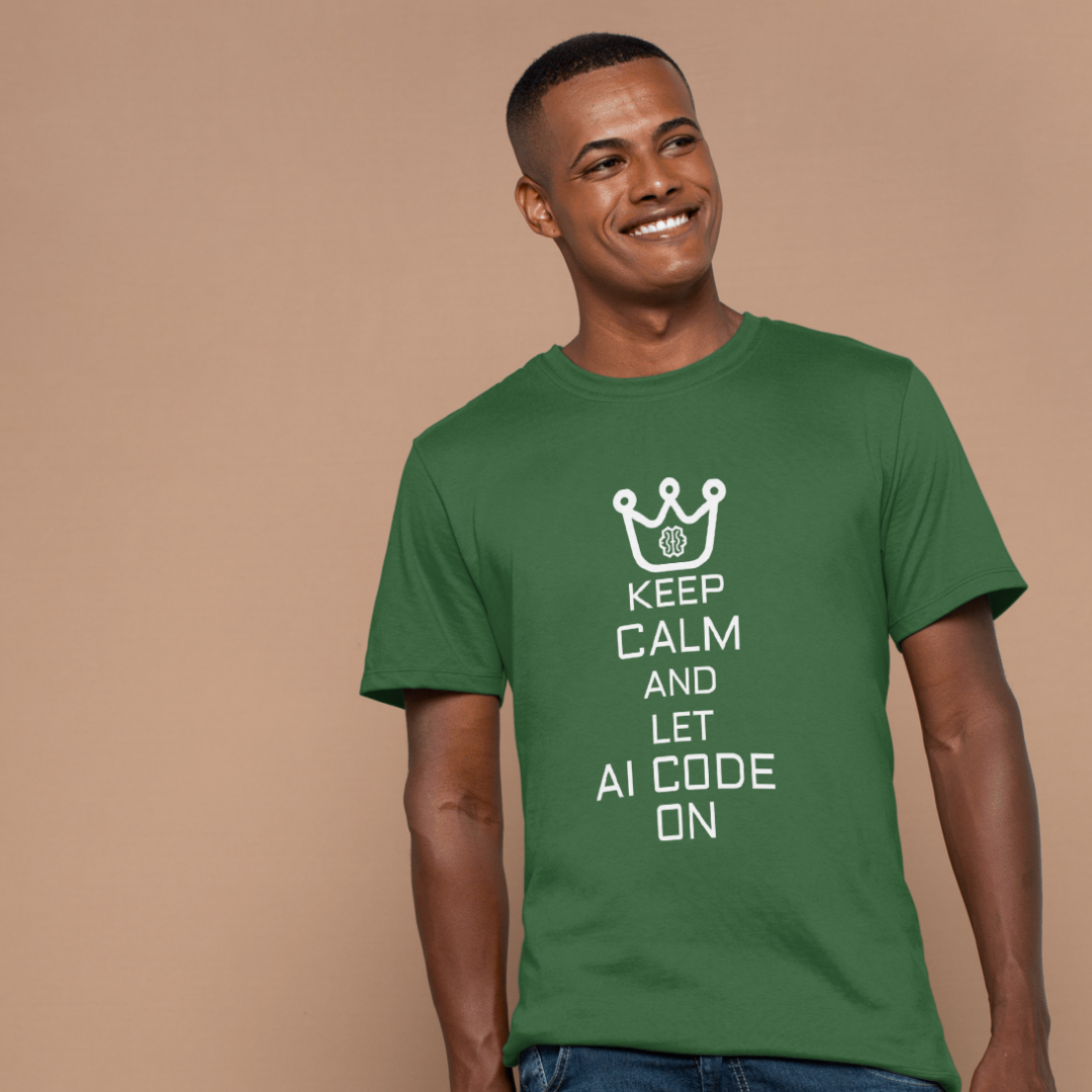Man wearing a green t-shirt with 'Keep Calm and Let AI Code On' text on a beige background