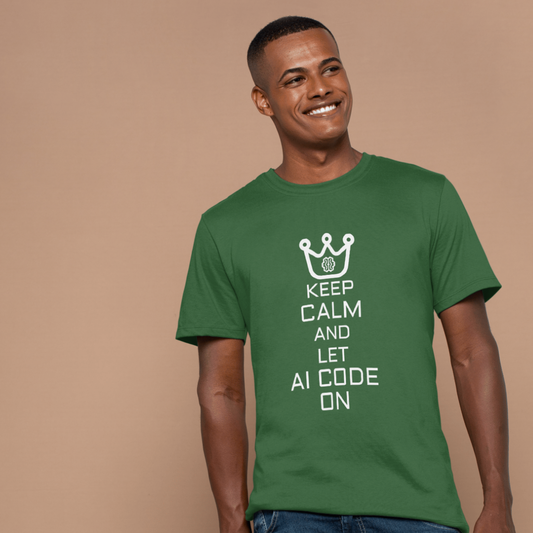 Man wearing a green t-shirt with 'Keep Calm and Let AI Code On' text on a beige background